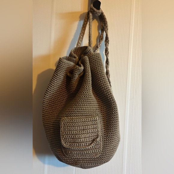 The Sak Handbags - The Sak Tan Crochet Drawstring Backpack Boho Woven Shoulder Bag